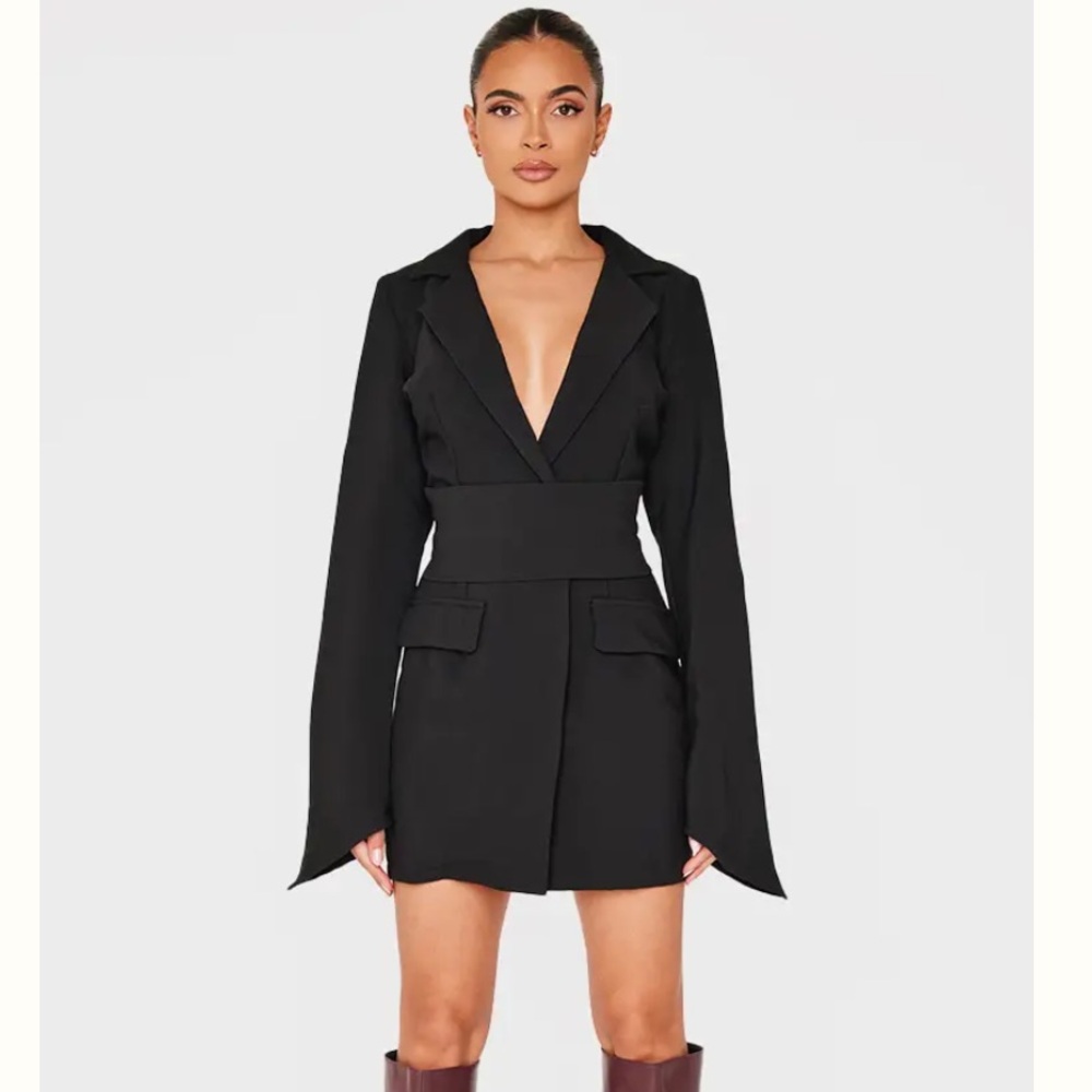 PrettyLittleThing Black Woven Wrap Belt Blazer Dress
